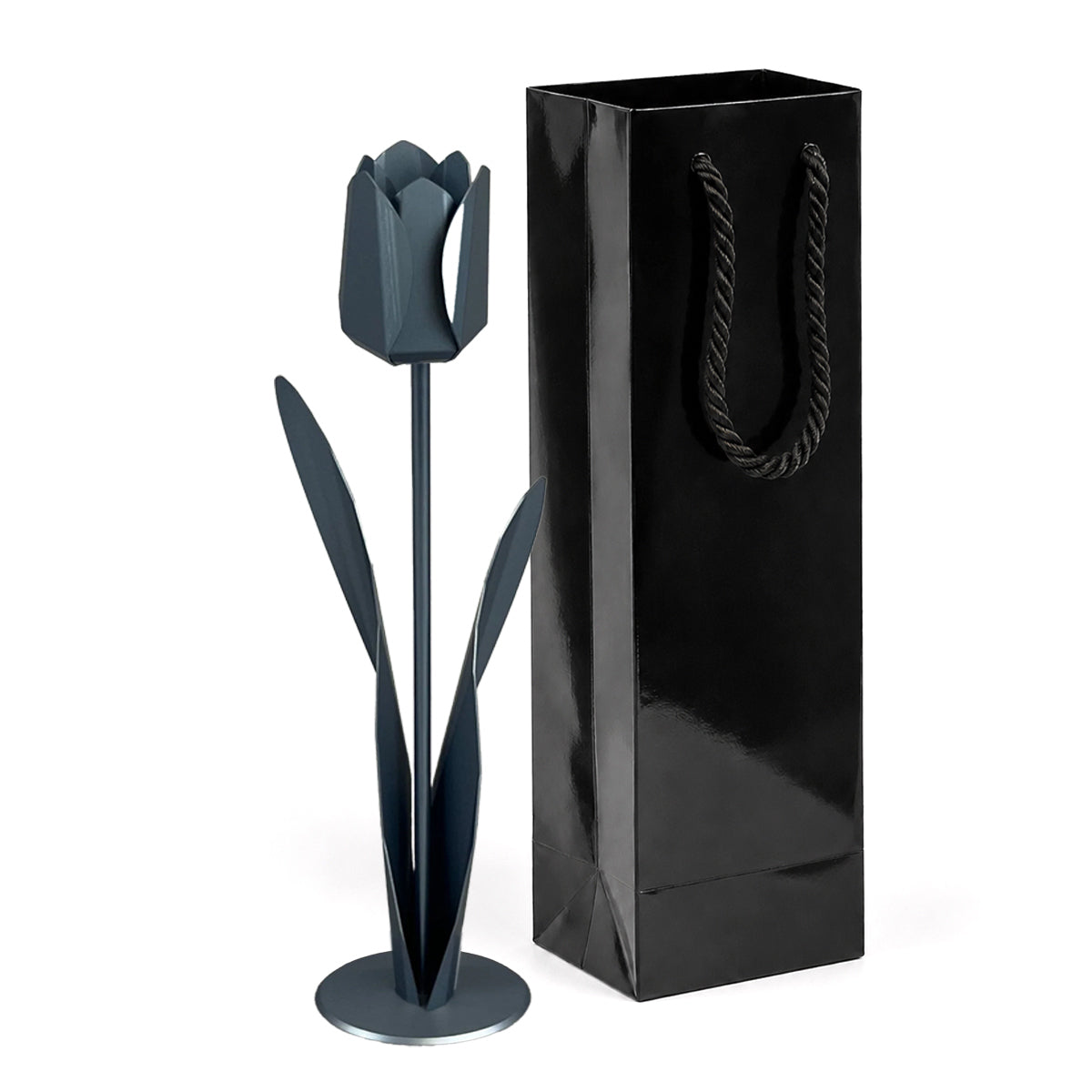 Grafietkleurige metalen tulp met zwarte luxe geschenkverpakking als persoonlijk en blijvend cadeau