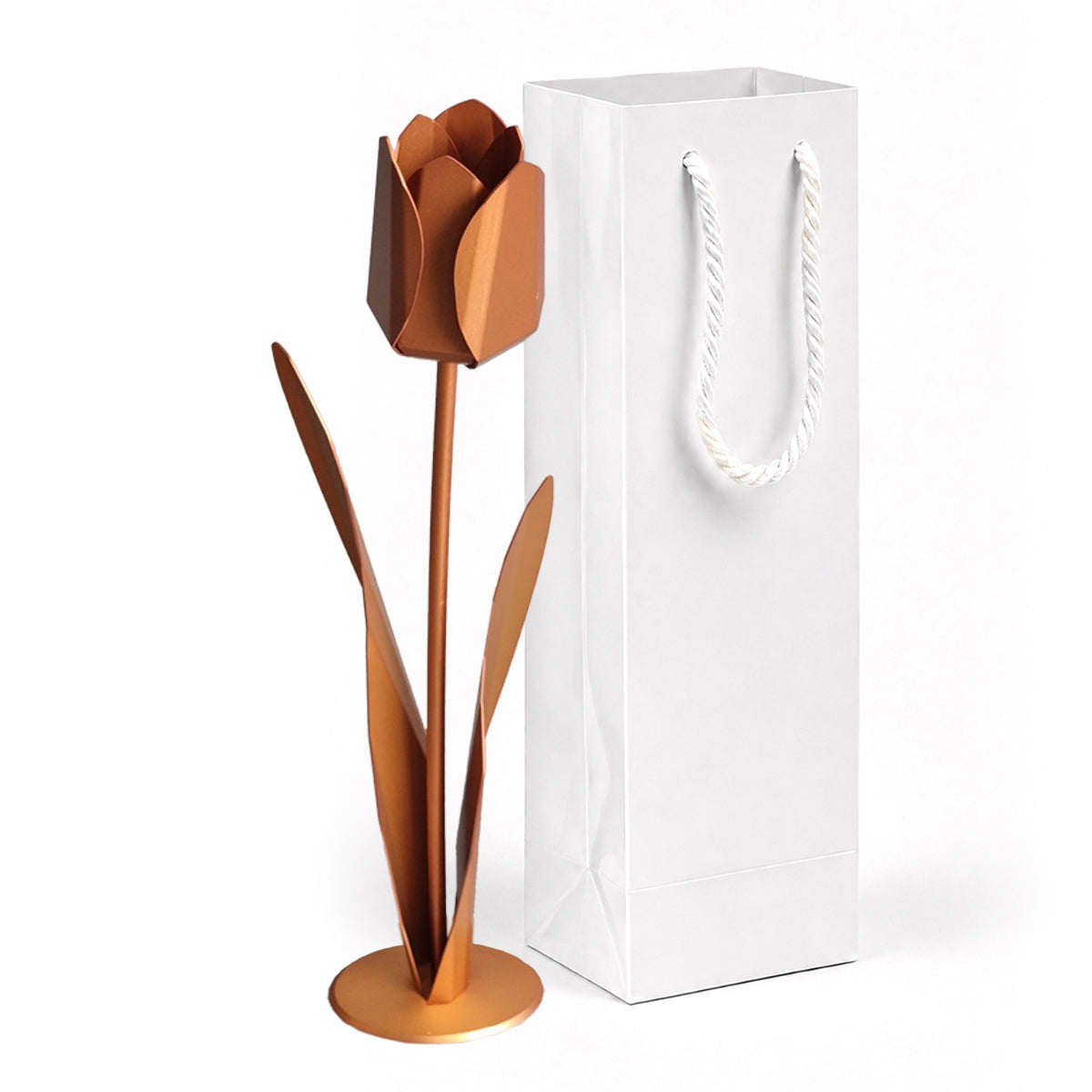 Koperkleurige metalen tulp met zwarte luxe geschenkverpakking als persoonlijk en blijvend cadeau
