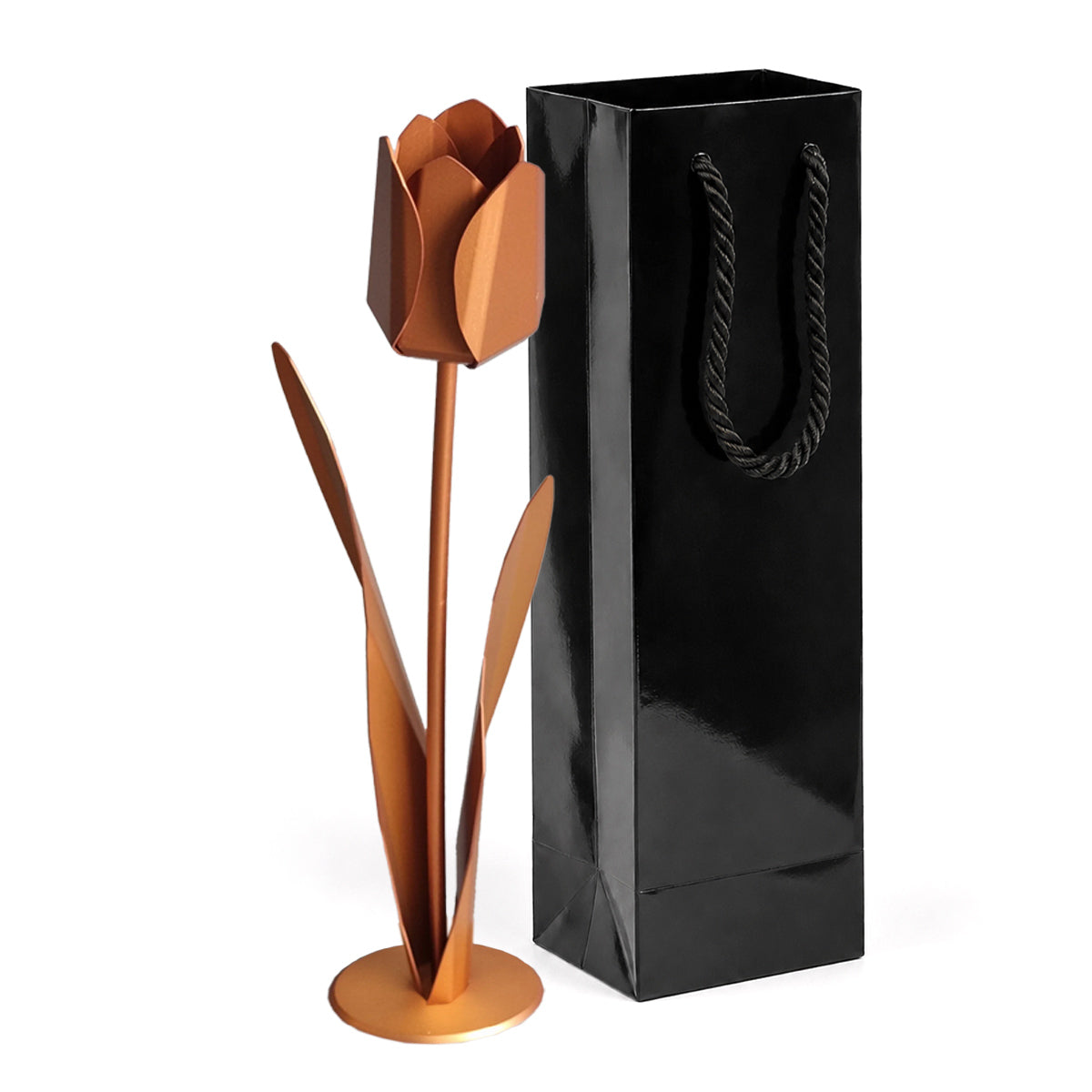koperkleurige metalen tulp met zwarte luxe geschenkverpakking als persoonlijk en blijvend cadeau
