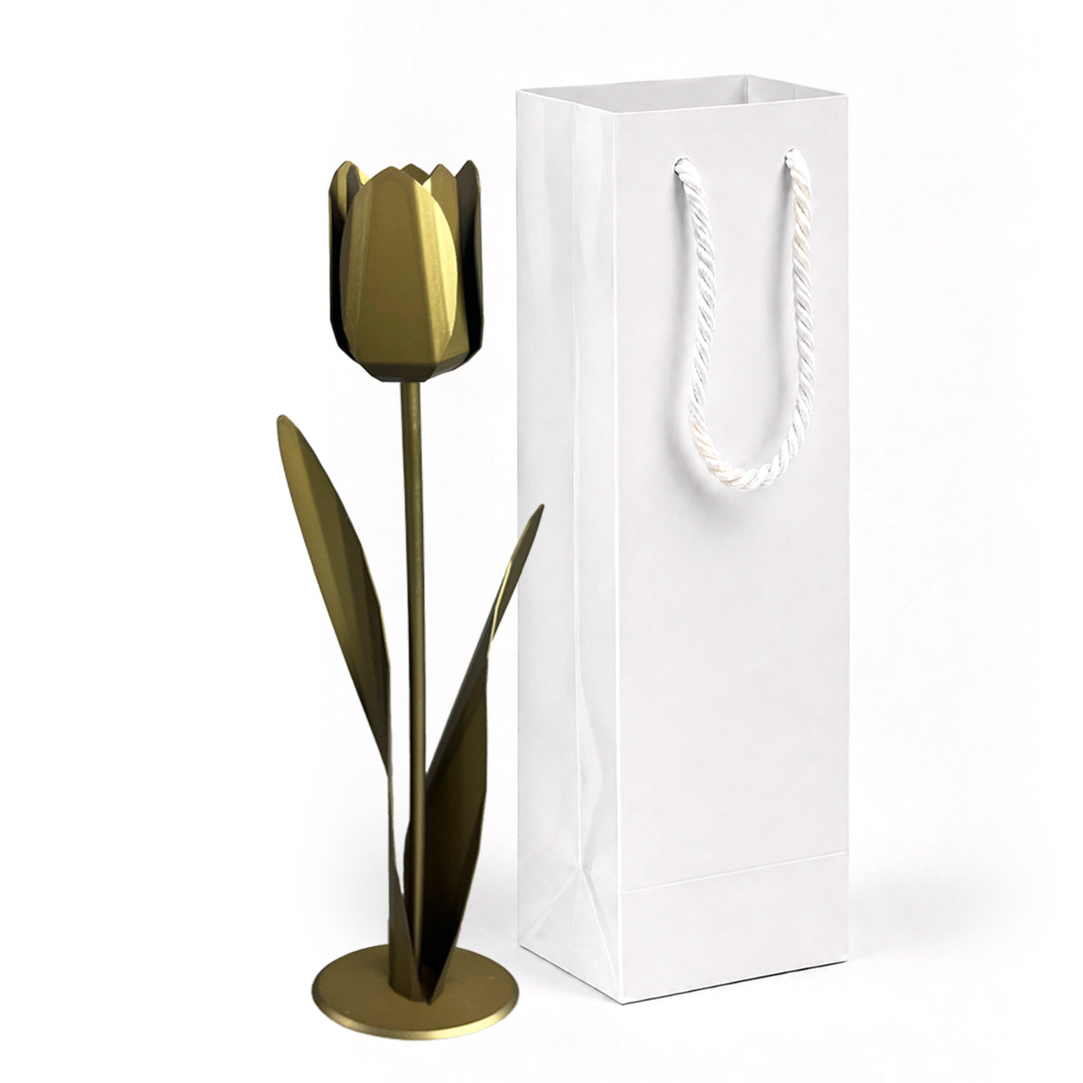 bronskleurige metalen tulp met witte luxe geschenkverpakking als persoonlijk en blijvend cadeau