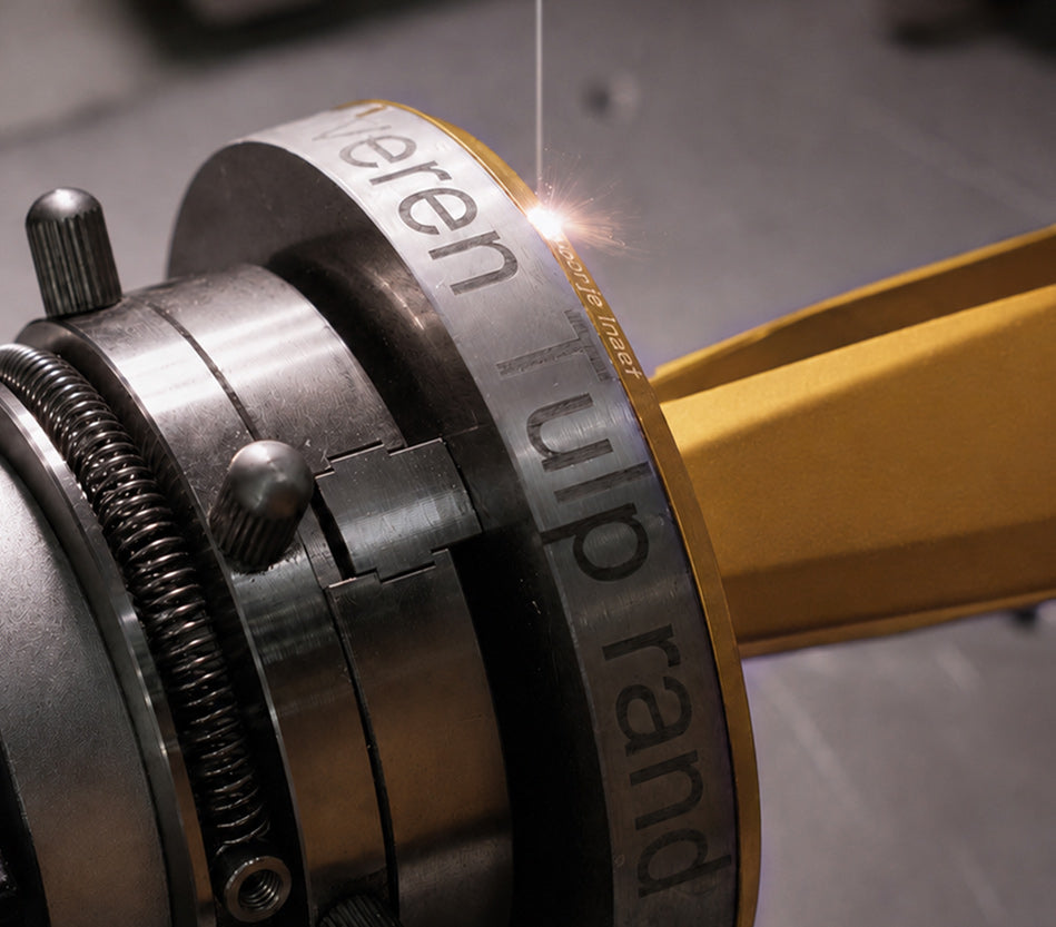 Persoonlijke boodschap wordt met een laser gegraveerd op de voet van een goudkleurige metalen tulp