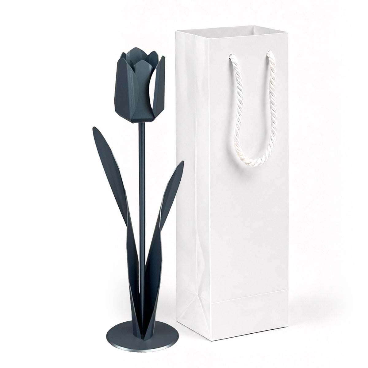 Grafietkleurige metalen tulp met witte luxe geschenkverpakking als persoonlijk en blijvend cadeau