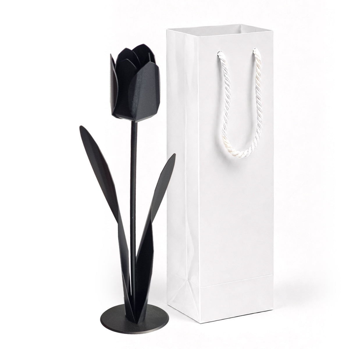 zwartkleurige metalen tulp met witte luxe geschenkverpakking als persoonlijk en blijvend cadeau