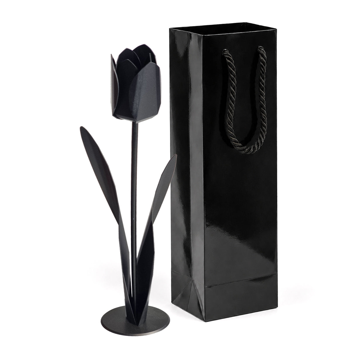 zwartkleurige metalen tulp met zwarte luxe geschenkverpakking als persoonlijk en blijvend cadeau