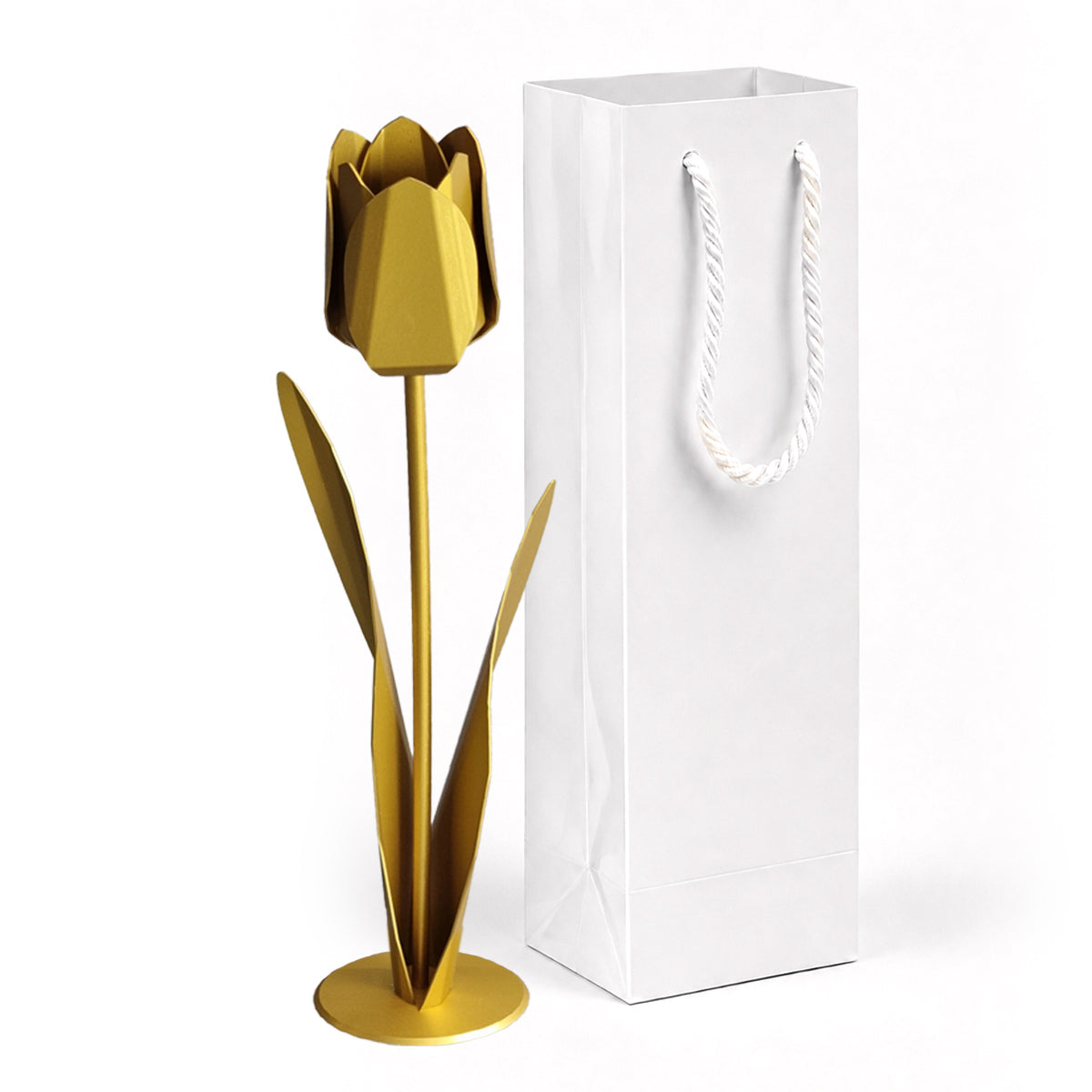 goudkleurige metalen tulp met witteluxe geschenkverpakking als persoonlijk en blijvend cadeau