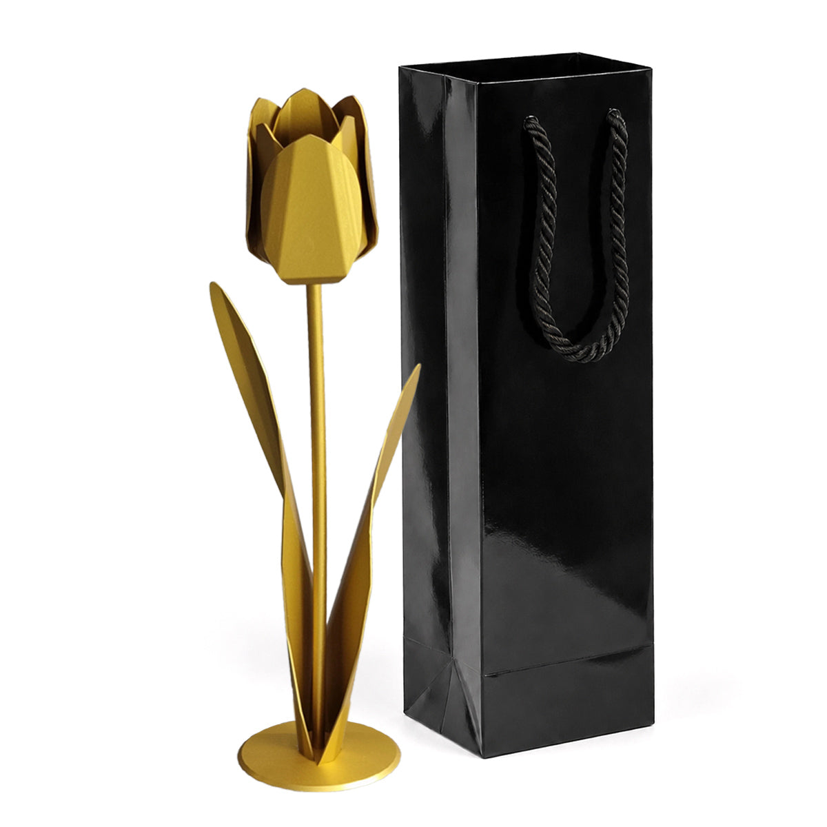 goudkleurige metalen tulp met zwarte luxe geschenkverpakking als persoonlijk en blijvend cadeau